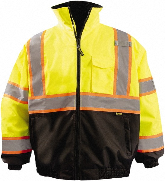 Cold Weather Jacket: Size X-Large, Polyester, Zipper Closure, Rollaway Hood - Yellow, 5 Pocket