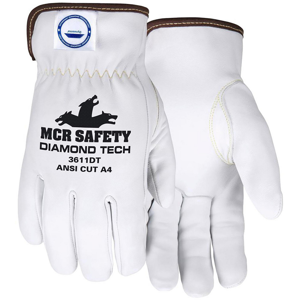 Cut, Puncture & Abrasion-Resistant Gloves: MCR Safety 3611DT, Size Large, ANSI Cut A4, ANSI Puncture 3, Dyneema Lined, Goatskin - White, Smooth Grip, Pair,       ANSI Abrasion 4