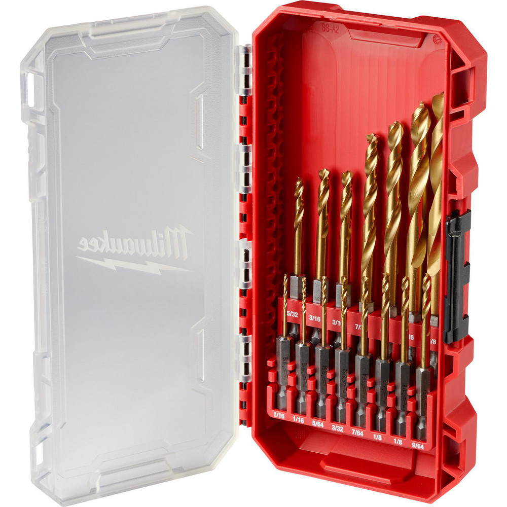 Drill Bit Set:  Hex Shank Drill Bits,  15 Pc,  High-Speed Steel - TiN, Heavy Duty, Hex Shank