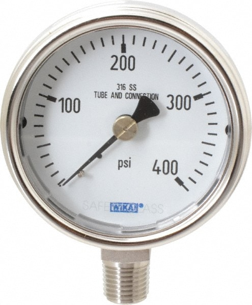 Wika 9744967 Pressure Gauge: 2-1/2" Dial, 0 to 400 psi, 1/4" Thread, NPT, Lower Mount Image