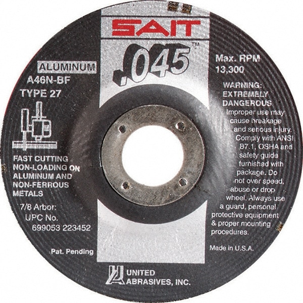 Depressed Center Wheel: Type 27, 4-1/2" Dia, 0.045" Thick, Aluminum Oxide