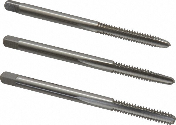 Tap Set: #6-32 UNC, 3 Flute, Bottoming Plug & Taper, High Speed Steel, Bright Finish