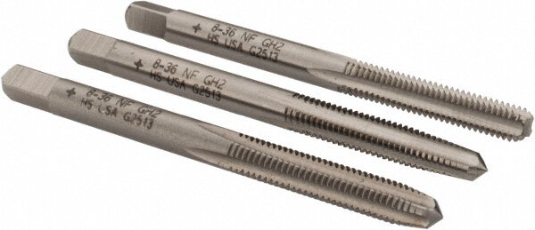 Tap Set: #8-36 UNF, 4 Flute, Bottoming Plug & Taper, High Speed Steel, Bright Finish