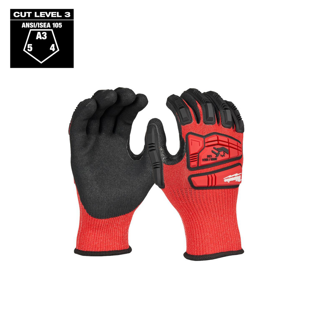 Cut-Resistant Gloves: Milwaukee 48-73, Cut A3, Puncture 0, Abrasion 0, 15 ga, Size X-Large, 10" Long - Polyethylene, Nitrile-Coated, Palm & Fingers Coating, Nitrile Dipped Grip, Black on Red Pair