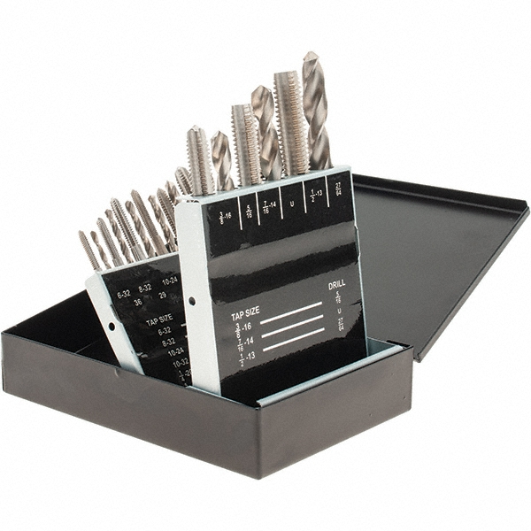 Tap & Drill Set: #6-32 to 1/2-13 Taps, 5/16 to 27/64" Drills - High Speed Steel, Bright Finish, Plug Chamfer, 18 pc