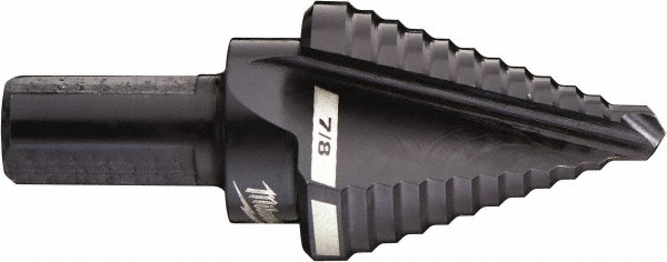 Step Drill Bit: 7/8" Min, 7/8" Max, 3/8" Shank Dia, High-Speed Steel, 1 Hole Sizes - Oxide Finish, Round with Flats Shank