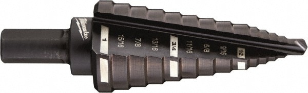 Milwaukee Tool 48-89-9208 Step Drill Bits: 1/2" to 1" Hole Dia, 3/8" Shank Dia, High Speed Steel, 9 Hole Sizes Image