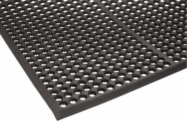 Anti-Fatigue Mat: 5' Long, 3' Wide, 1/2 Thick, Natural Rubber, Heavy-Duty - Raised Circle Surface, Black, for Dry & Wet Areas