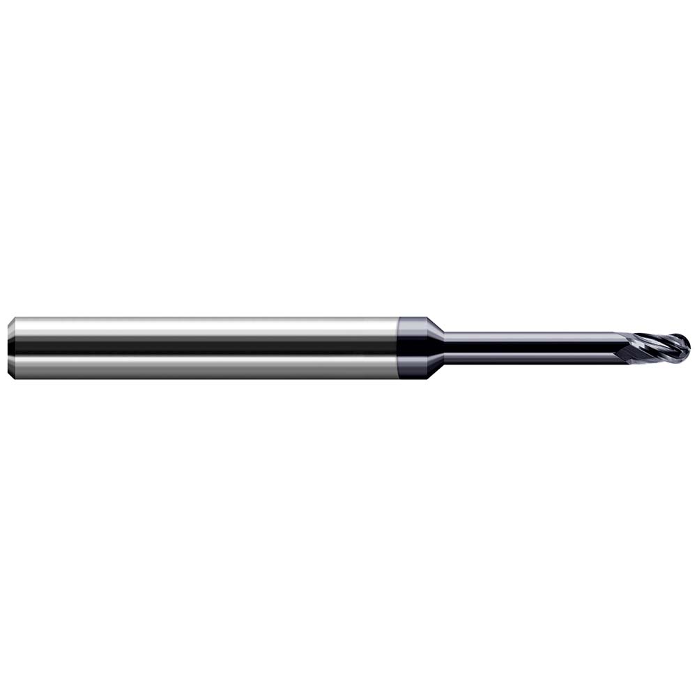 Harvey Tool Ball End Mill: 0.0250" Dia, 0.0370" LOC, 4 Flute, Solid Carbide - 2-1/2" OAL, 1/8" Shank Dia, 37 deg Helix, AlTiN Finish, Single End