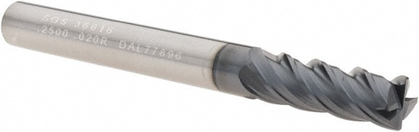 SGS 36616 Corner Radius End Mill: 1/4" Dia, 3/4" LOC, 0.015 to 0.02" Radius, 4 Flutes, Solid Carbide Image