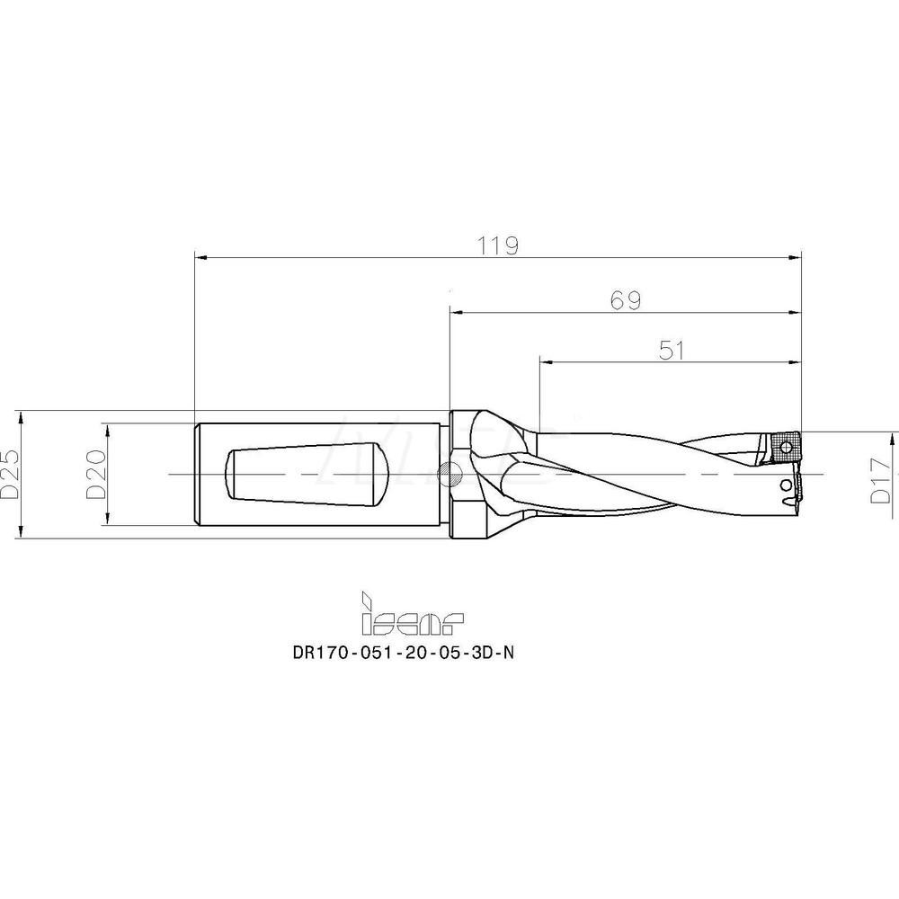 Iscar Indexable Insert Drill DR17005120053DN, 18.30 mm Max Dia, 51.