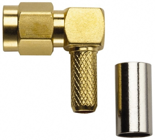 Coaxial Connectors; Connector Type: Plug ; Termination Method: Crimp ; Impedance (Ohms): 50 ; Body Orientation: Right Angle ; Finish: Gold ; Mount Type: Cable