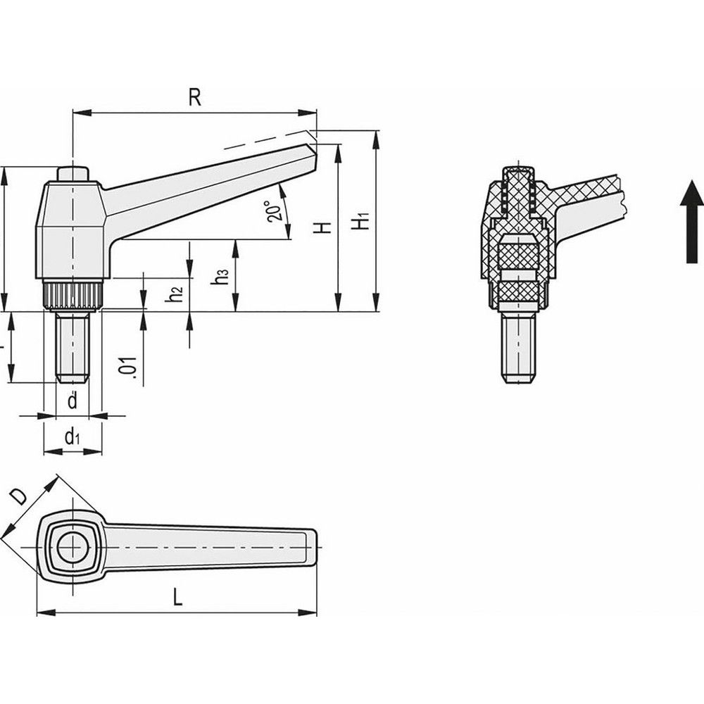 Elesa Adjustable Clamping Handle Adjustable, 1024 Thread