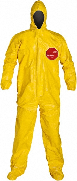 Disposable Coveralls: Chemical, Splash & Bloodborne Pathogen Protection, Size 2X-Large, 2.5000 oz, Tychem 2000 QC122TYL - Zipper & Stormflaps Closure,  Yellow,  Taped Seam, Elastic Cuff, Attached Sock Ankle