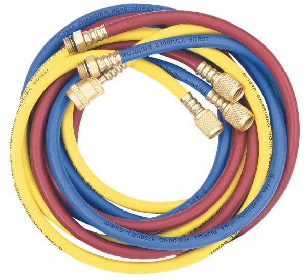 Automotive Charging Hoses; Length (Inch): 72 ; Connection Size: Yellow: 1/2" ACME x 1/2" ACME, Blue: 14mm x 1/2" ACME, Red: 14mm x 1/2" ACME ; Color: Yellow, Blue, Red ; Working Pressure (psi): 740.00 ; Burst Pressure (psi): 3700.000