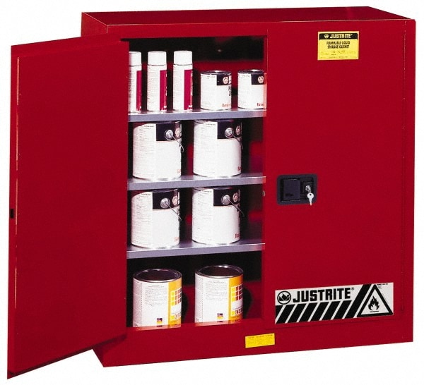 Justrite. 893011 Flammable & Hazardous Storage Cabinets: 40 gal Drum, 2 Door, 3 Shelf, Manual Closing, Red Image