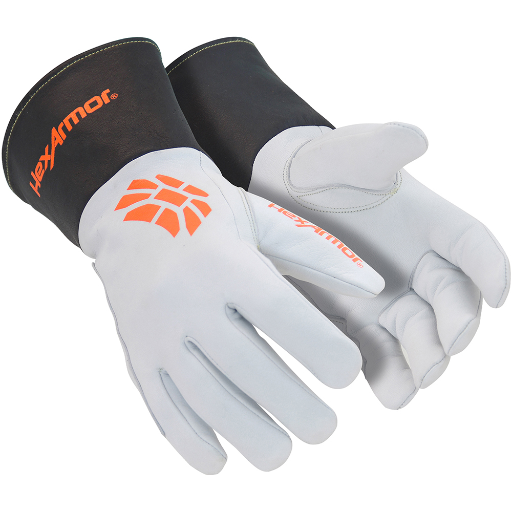Cut, Puncture & Abrasion-Resistant Gloves: HexArmor® 4062, Size 3X-Large, ANSI Cut A5, ANSI Puncture 4, Goatskin Leather Lined, Goatskin Leather - Black, Orange & White, Smooth Grip, Pair,       ANSI Abrasion 4