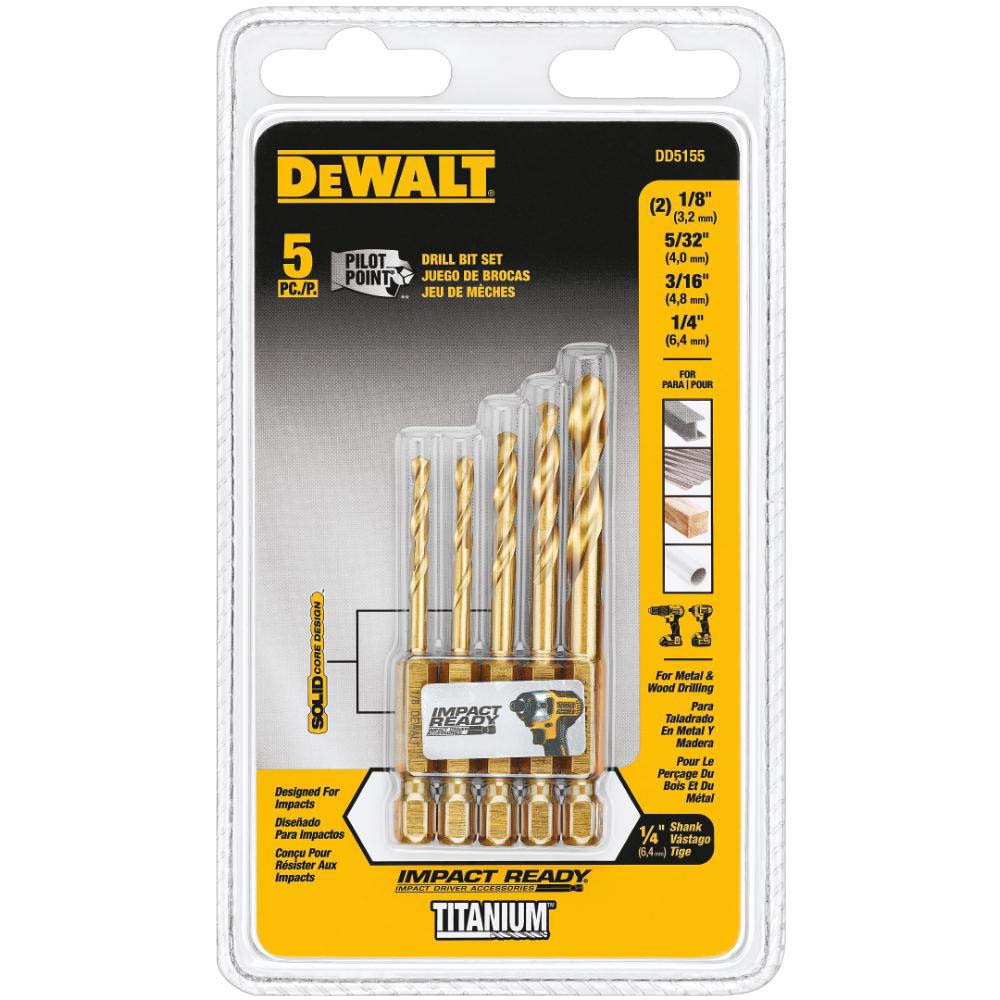DeWALT Drill Bit Set Jobber Length Drill Bits, 5 Pc, 0.125" to 0.25" Drill Bit Size, 135