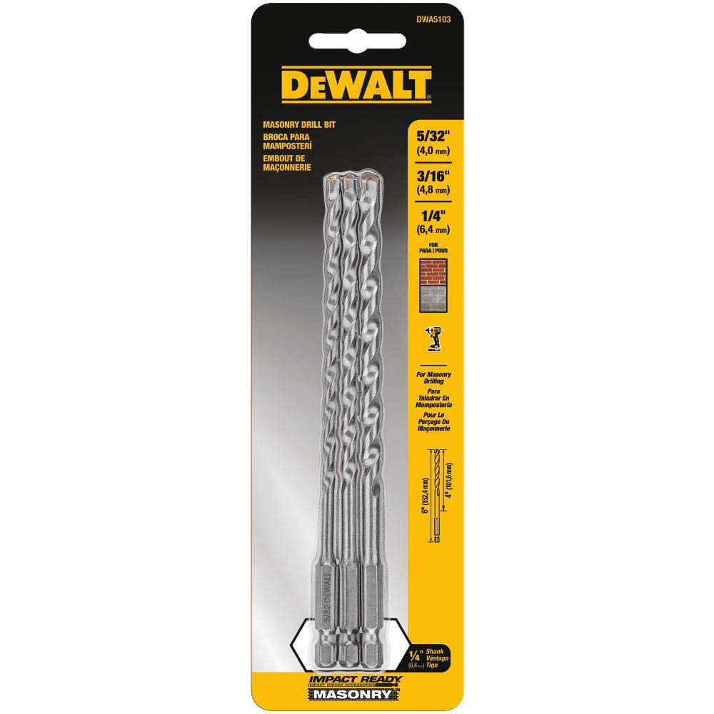 DeWALT Drill Bit Set Hex Shank Drill Bits, 3 Pc, 0.1563" to 0.25" Drill Bit Size, 135