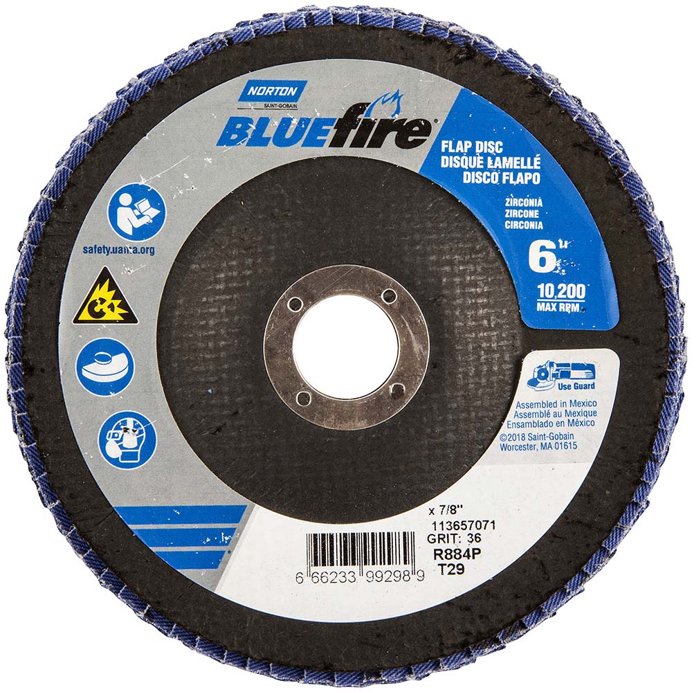Flap Disc:  6" Dia, 7/8" Hole, Zirconia Alumina, Type 29 - Coated, Extra Coarse Grade, Cotton-Backed, 10200 Max RPM