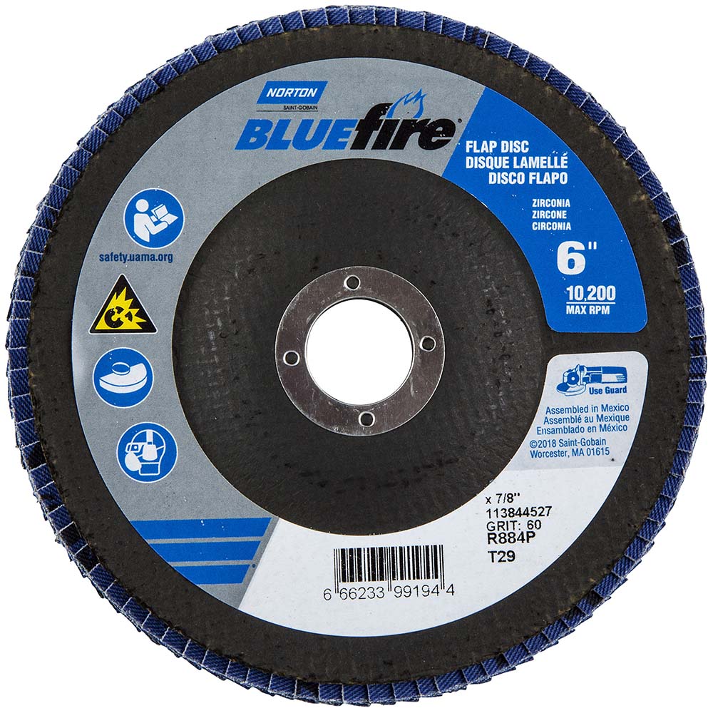 Norton | BlueFire Flap Disc: 6" Dia, 7/8" Hole, 60 Grit, Zirconia Alumina, Type 29 - Coated, Coarse Grade, Cotton-Backed, 10200 Max RPM | Part