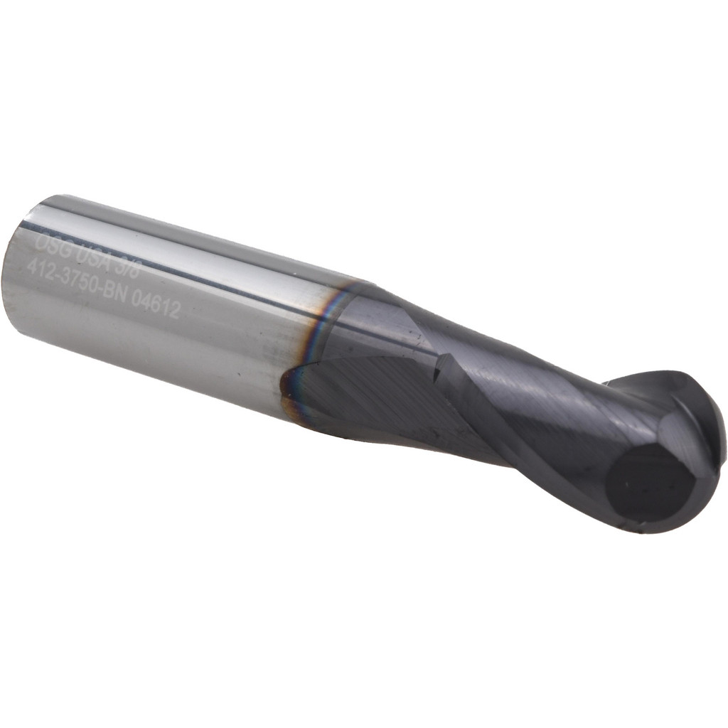 OSG Ball End Mill: 3/8" Dia, 5/8" LOC, 2 Flute, Solid Carbide - 2" OAL, 3/8" Shank Dia, 30 deg Helix, TiAlN Finish, Single End, 412BN