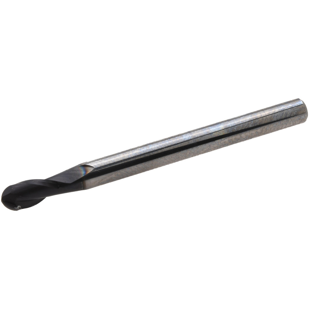 OSG Ball End Mill: 1/8" Dia, 1/4" LOC, 2 Flute, Solid Carbide - 1-1/2" OAL, 1/8" Shank Dia, 30 deg Helix, TiAlN Finish, Single End, 412BN