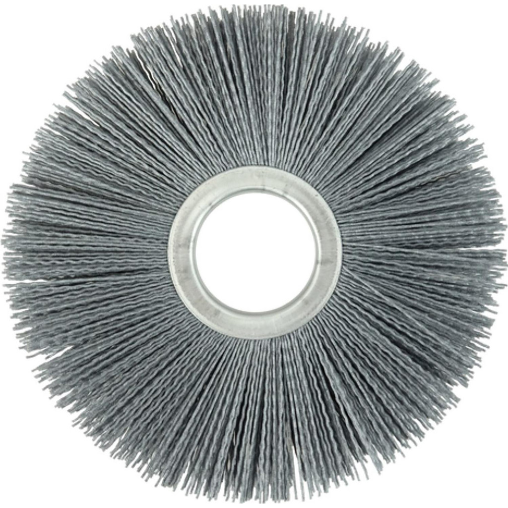 Weiler Wheel Brush: 8" Wheel Dia, 1-1/8" Face Width, 0.0220" Wire Dia, Crimped - 2" Hole, Nylon, 320 Grit, 5000 RPM | 10-Pack | Part #20630