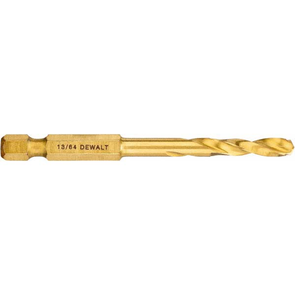 DeWALT Mechanics Drill Bit: 13/64" Dia, 135 , High Speed Steel, Straight-Cylindrical Shank, Pilot Point - TiAlN Finish, 3-7/64" OAL, RH Cut
