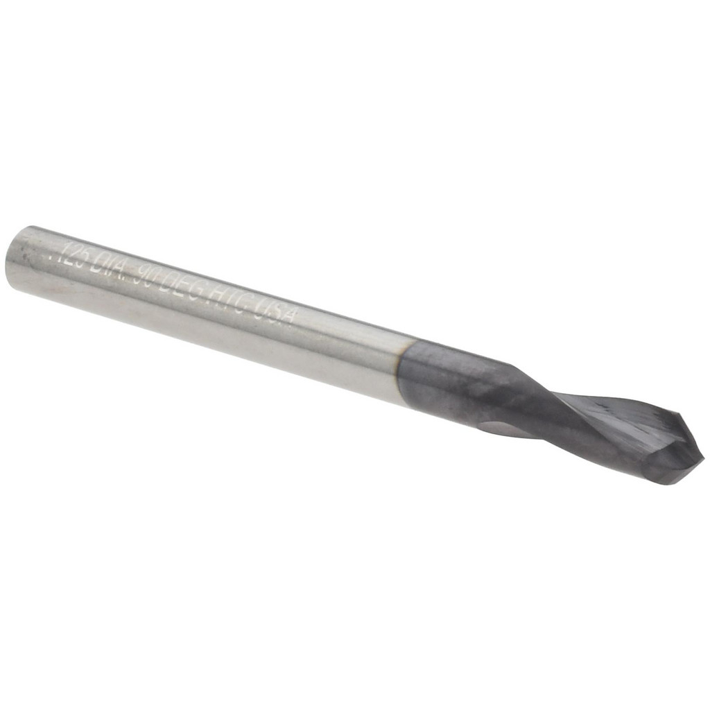 Harvey Tool Spotting Drill: 1/8" Dia, 90 deg, 1-1/2" OAL, Solid Carbide - 3/8" Flute Length, 1/8" Shank Dia, AlTiN Finish, Right Hand Cut