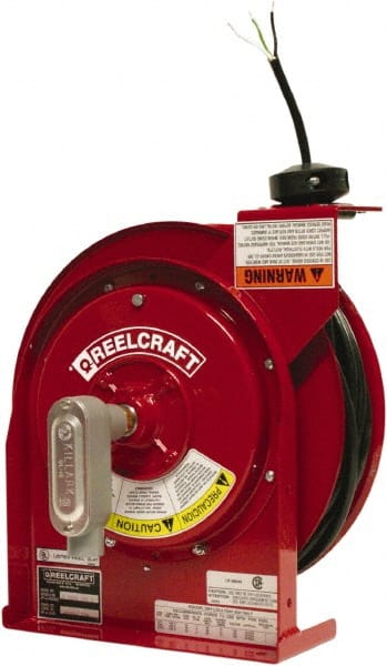 Reelcraft 12 AWG, 45' Cable Length, Cord & Cable Reel with Flying Lead End 0 Outlets, 20 Amps, 125 Volts, SJEOOW Cable, Red Reel, Spring Driven Reel