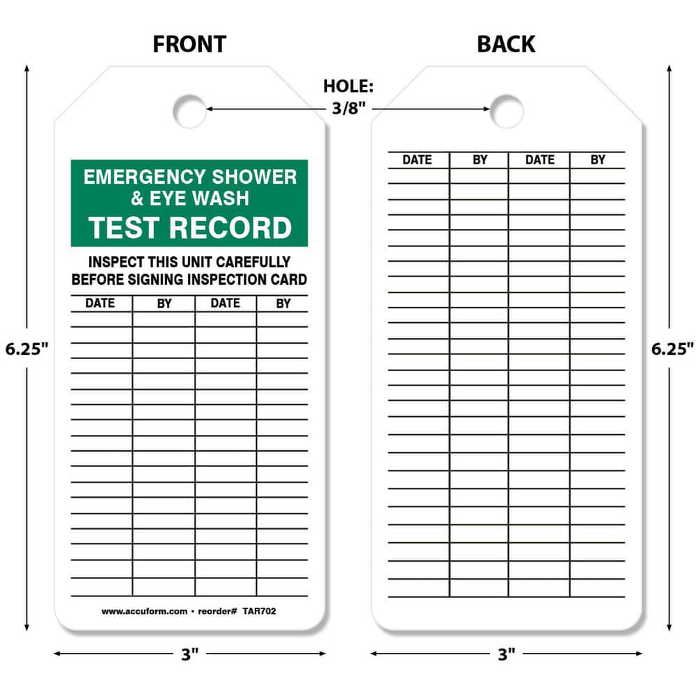 Safety & Facility Tags; Message Type: Inspection ; Header: None ; Legend: Emergency Shower & Eye Wash Test Record ; Material: Synthetic Paper ; Legend Color: Black ; Language: English