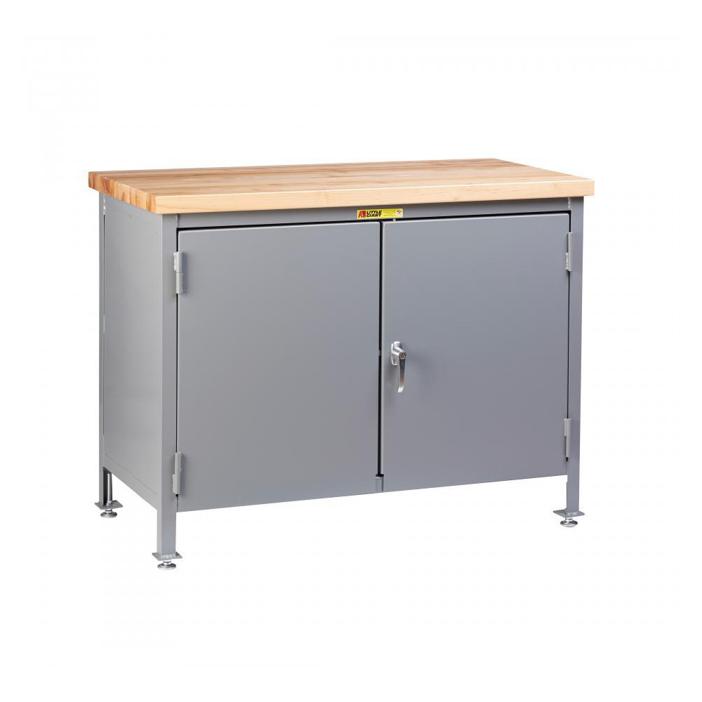 Work Table Cabinet: 48" Wide, 24" Deep, 37 to 40" High, Powder Coated, Butcher Block Top, Steel Base, Gray - 2000 lb Capacity, Square Edge, 1 Shelf, Assembled