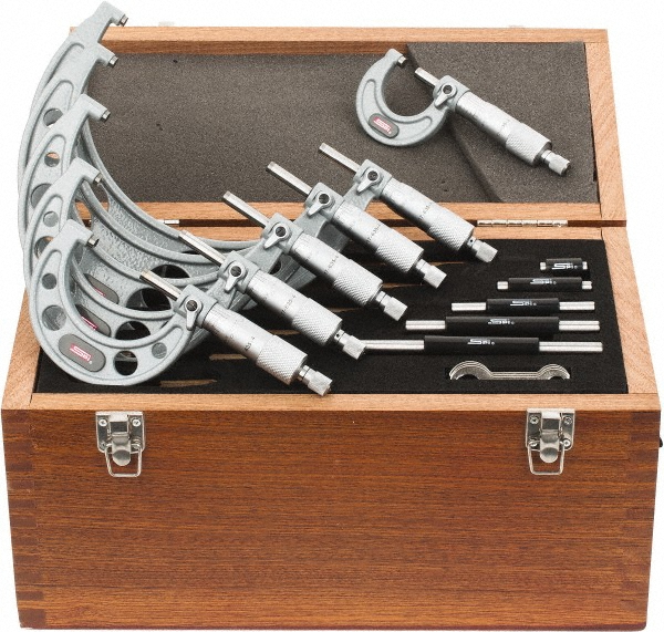 Mechanical Outside Micrometer Set: 6 Pc, 0 to 6" Measurement - Ratchet Stop Thimble