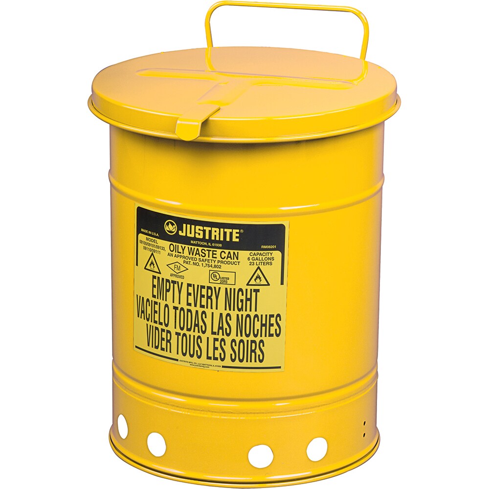 Oily Waste Cans & Receptacles; Capacity (Gal.): 14.000 ; Opening Style: Hand Operated ; Color: Yellow ; Material: Steel ; Height (Inch): 20.25 ; Height (Decimal Inch): 20.000000