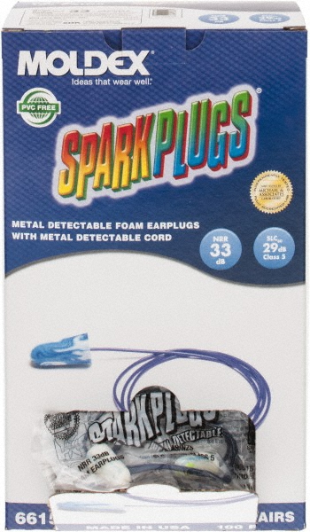 Earplugs: 33 dB, PVC, Bullet, Roll Down, Corded, Metal-Detectable - Blue & White, 100 Pairs per Pack, Disposable