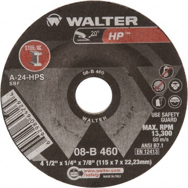 Depressed Grinding Wheel:  Type 27,  4-1/2" Dia,  1/4" Thick,  7/8" Hole,  Aluminum Oxide