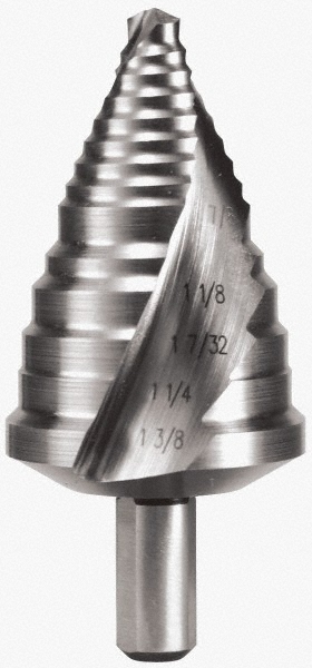 Hertel SDD43274588 Step Drill Bits: 7/8" to 1-3/8" Hole Dia, 3/8" Shank Dia, Cobalt, 5 Hole Sizes Image