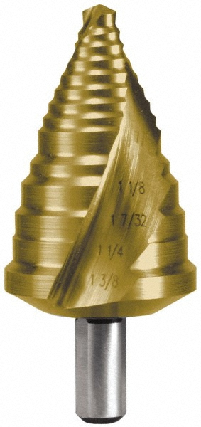 Hertel SDD43274653 Step Drill Bits: 7/8" to 1-3/8" Hole Dia, 3/8" Shank Dia, High Speed Steel, 5 Hole Sizes Image