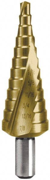 Hertel SDD43274679 Step Drill Bits: 3/16" to 7/8" Hole Dia, 3/8" Shank Dia, High Speed Steel, 12 Hole Sizes Image