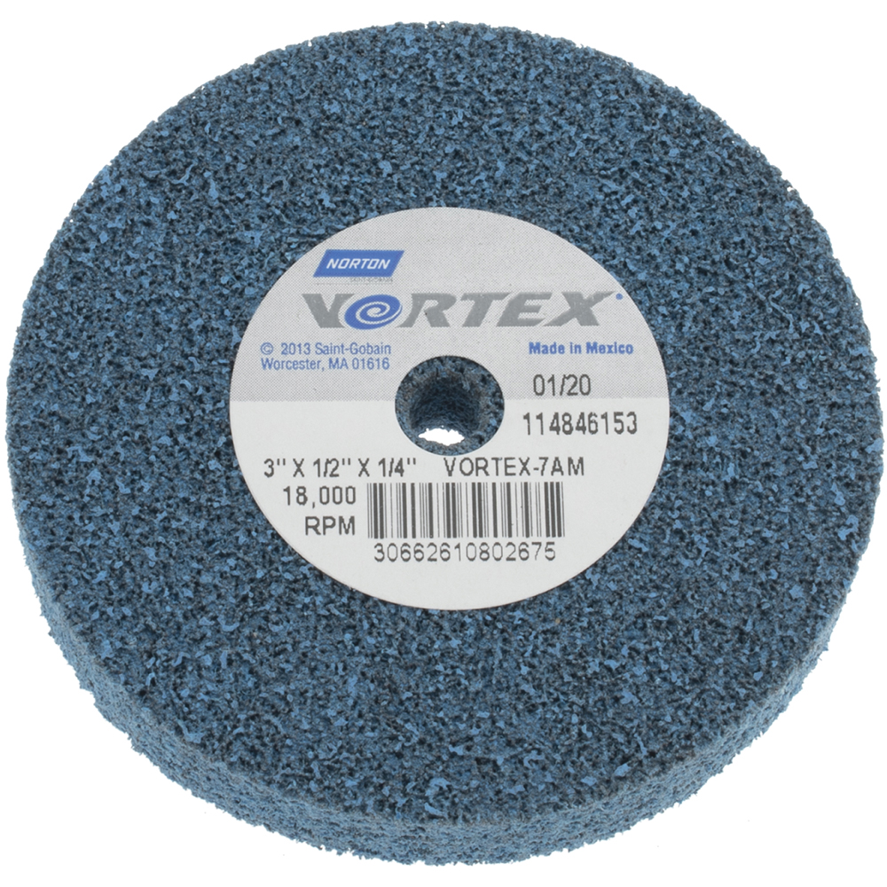 Deburring Wheel: 3" Dia, 1/2" Face Width, 1/4" Hole, 7 Density, Aluminum Oxide - Medium Grade, Unitized