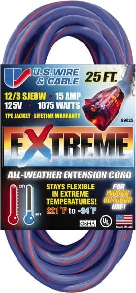 25', 12/3 Gauge/Conductors, Blue/Pink Indoor & Outdoor Extension Cord