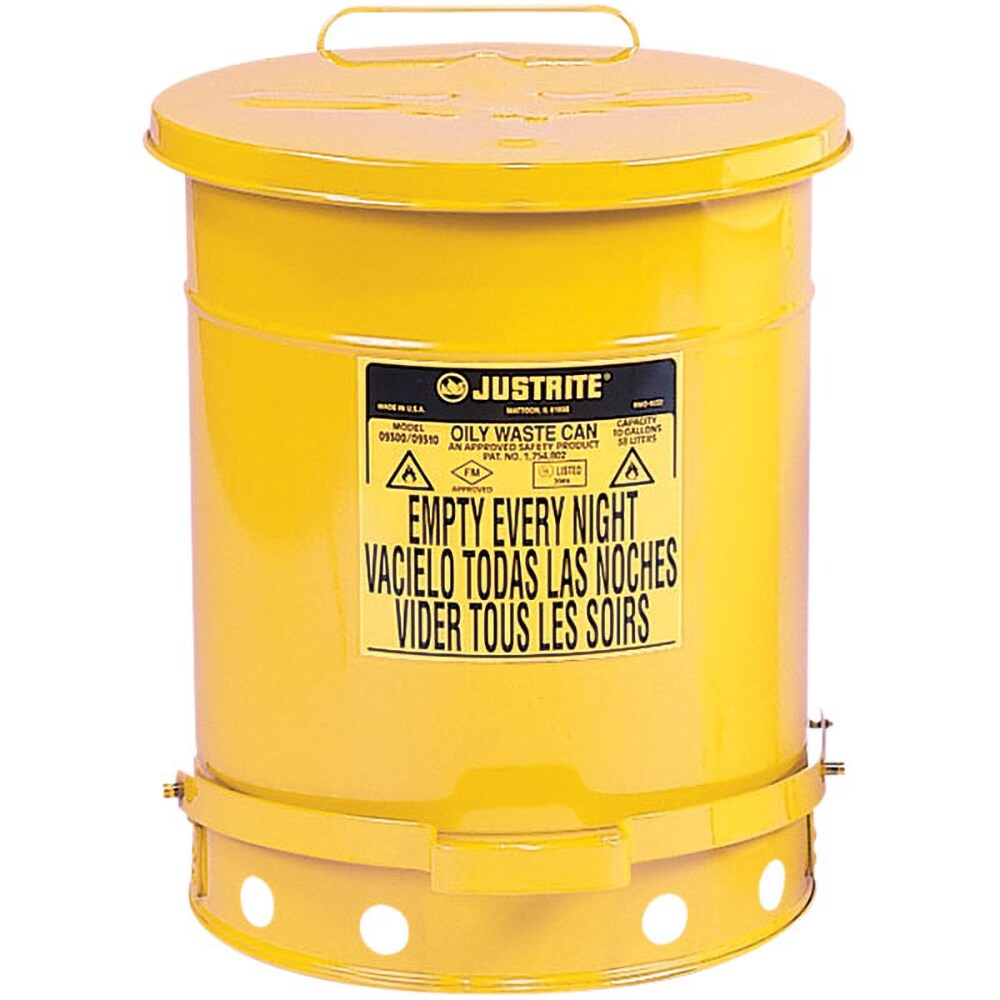 Oily Waste Cans & Receptacles; Capacity (Gal.): 21.000 ; Opening Style: Foot Operated ; Color: Yellow ; Material: Steel ; Height (Inch): 23.5 ; Height (Decimal Inch): 24.000000