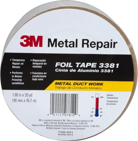 Silver Aluminum Foil Tape: 50 yd Long, 2" Wide, 2.7 mil Thick