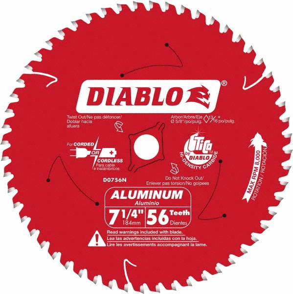 Wet & Dry Cut Saw Blade: 7-1/4" Dia, 5/8" Arbor Hole, 0.106" Kerf Width, 56 Teeth - Use on Non Ferrous Metals, Round Arbor