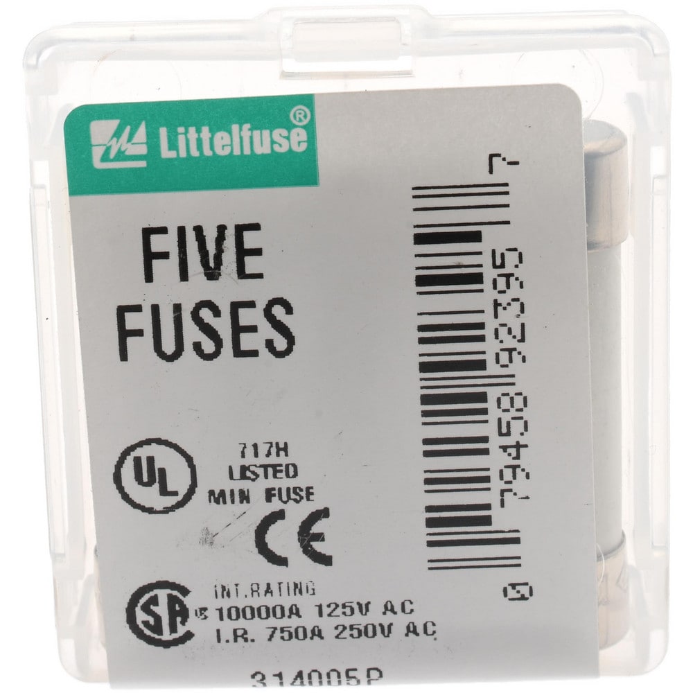 Cartridge Fast-Acting Fuse: 5 A, 1-1/4" OAL, 1/4" Dia