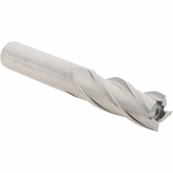 Square End Mill: 9/16" Dia, 1-3/8" LOC, 4 Flute, High Speed Steel
