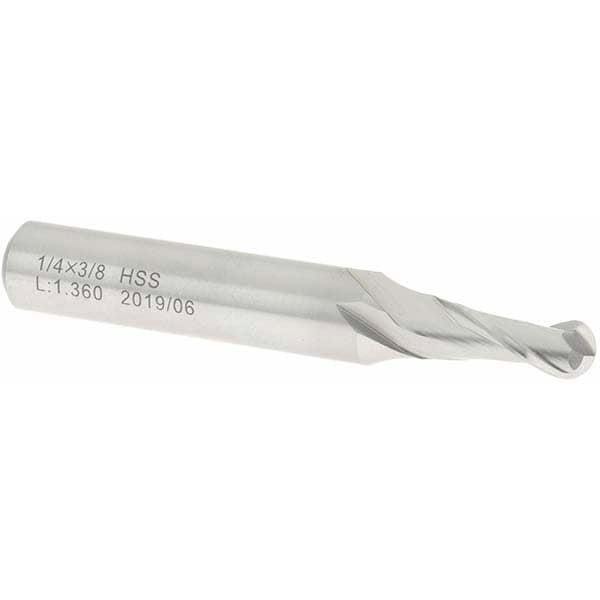 Ball End Mill: 0.2500" Dia, 0.6250" LOC, 2 Flute(s), High Speed Steel