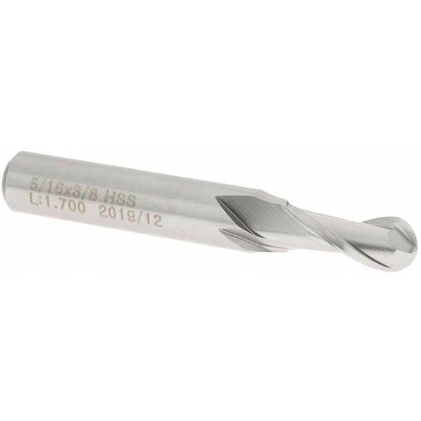 Ball End Mill: 0.3125" Dia, 0.7500" LOC, 2 Flute(s), High Speed Steel