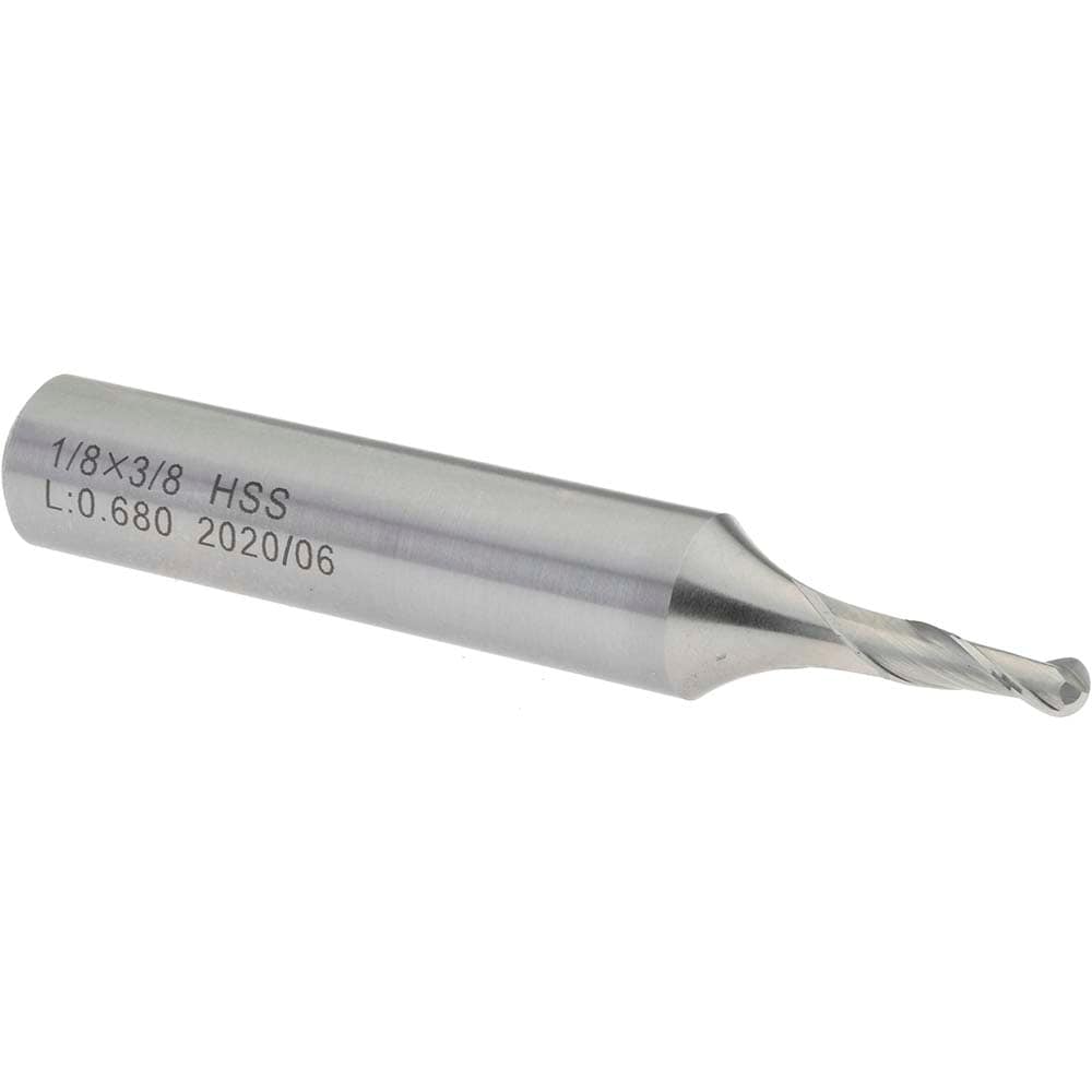 Ball End Mill: 0.1250" Dia, 0.3750" LOC, 2 Flute(s), High Speed Steel